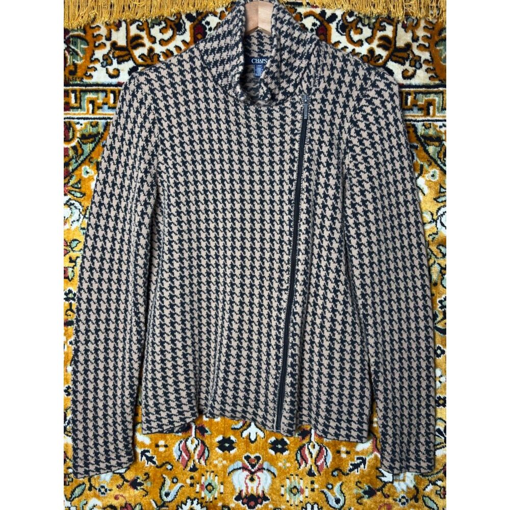 Chaps Houndstooth Asymmetric Zip Cowl Neck Sweater Soft 100% Cotton Size L